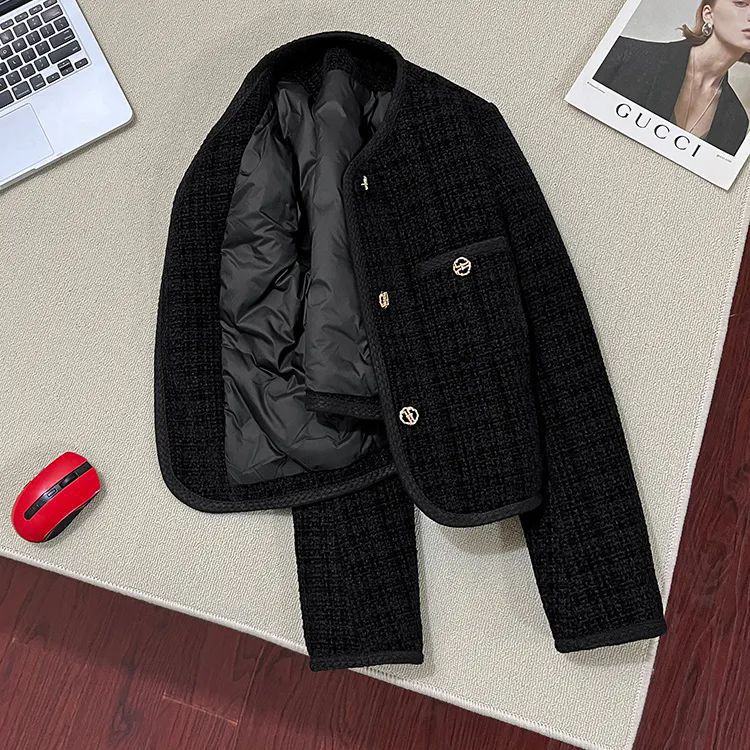 Black Chanel Style Short Coat 2024 Autumn and Winter High-end Tweed Socialite Elegant Short All-match Coat Top