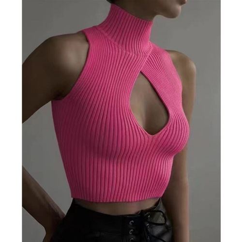 European, American and Southeast Asian sexy hollow design short vest high collar navel exposed hot girl niche pure desire sweater halter neck