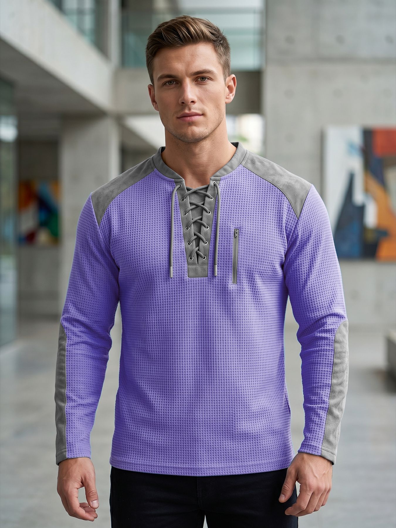Europa y Estados Unidos transfronterizos hombres primavera y otoño correa chaqueta de color waffle manga larga ocio comercio exterior deporte chaqueta transpirable
