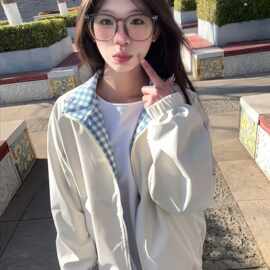 双面穿美式格子翻领夹克复古春秋百搭宽松情侣设计两面穿外套上衣