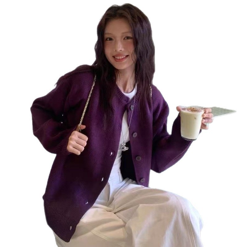 2025秋冬新款超显白紫色毛衣开衫外套女秋季休闲宽松针织开衫上衣|undefined