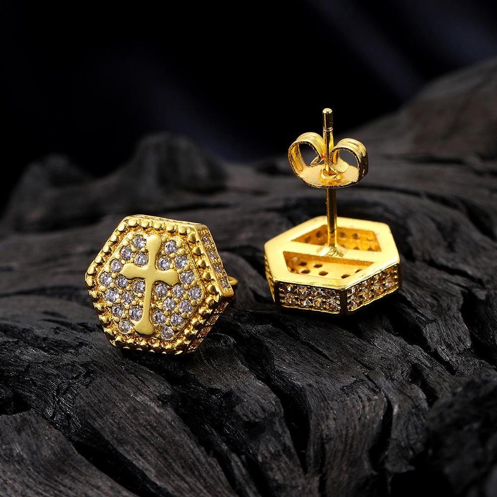 Cross Zircon Hip Hop Stud Earrings For Men Gold Plated Hexagonal_voghion.com