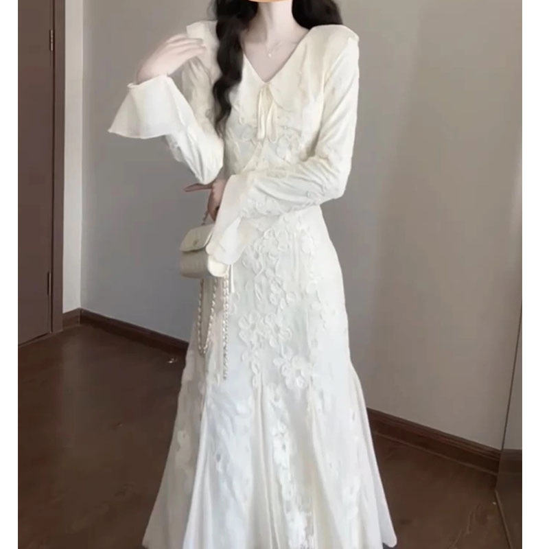 【油画栀子】气质温柔风杏色长袖连衣裙秋季新款超仙鱼尾裙2025女|undefined