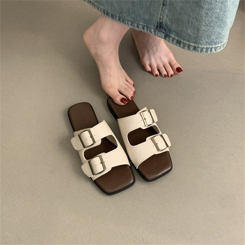 Ladies Slippers, Summer Outerwear, Korean Style French Retro Fairy Wind Beach Sandals, Flat Baren Slippers