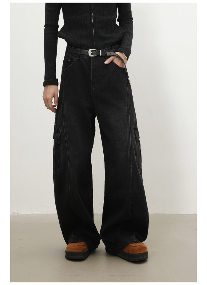 Quần jean nam ống rộng baggy phong cách retro Mỹ, nhiều túi khóa kéo, lưng giữa eo — màu xám đen chi tiết 7