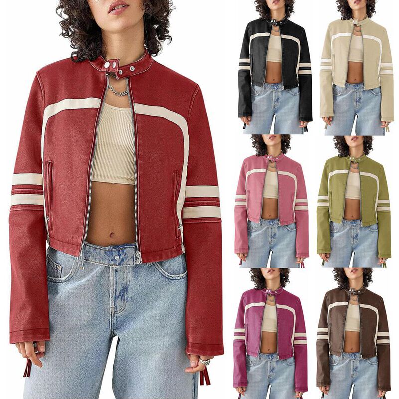 2025 European and American Cross-Border Amazon Fashion Leather Jacket Contrasting Color Stitching Pu Leather Waist Exposed Short Women's Leather Jacket