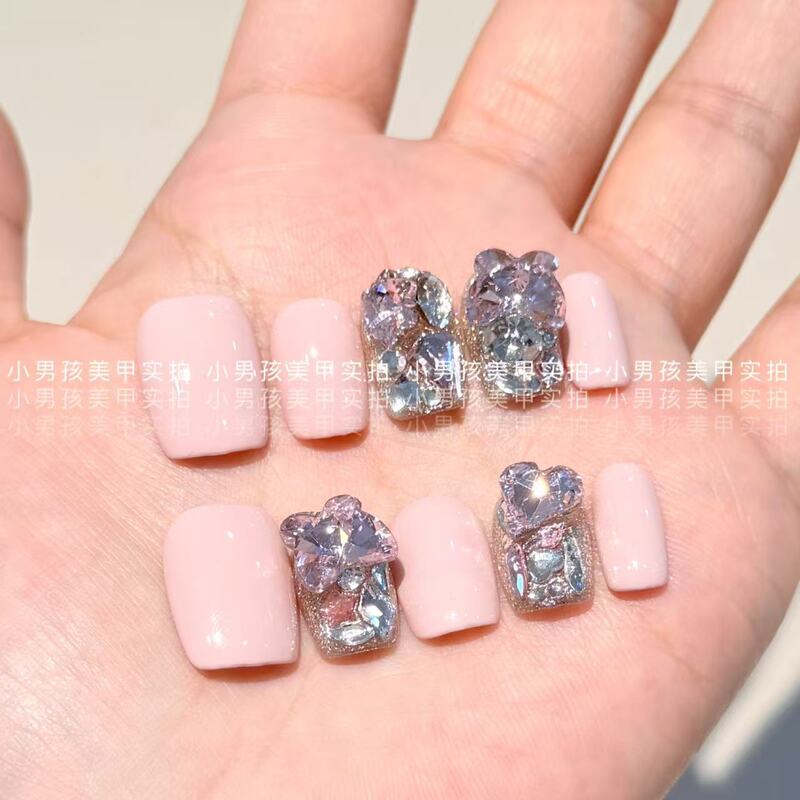 Solid Color Sparkling Rhinestone Rubber Powder Little Boy Nail Art Handmade Wearable Nails Removable Patches