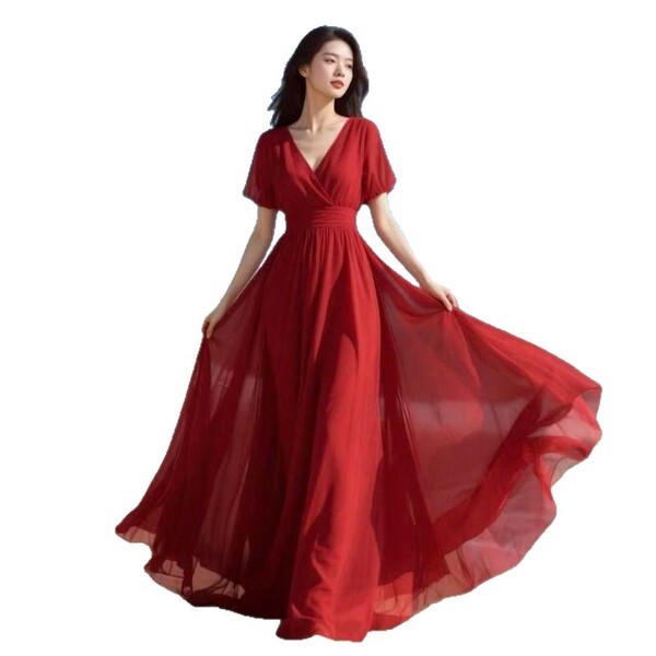 Summer red shiffon long fitted beach dress
