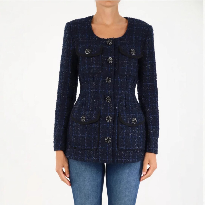 25 spring designer fashion brand slim slim simple versatile temperament commuter U-collar tweed small fragrant style coat women