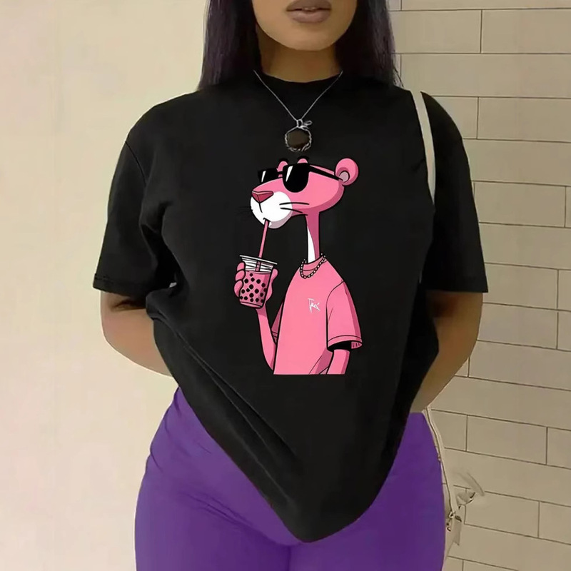 Pure Cotton Pink Milk Tea Print Outer Wear to Reduce Age, Loose and Slim, Personalized Casual and Comfortable Round Neck Short Sleeves Pure Cotton Pink Milk Tea Print Outer Wear to Reduce Age, Loose and Slim, Personalized Casual and Comfortable Round Neck Short Sleeves