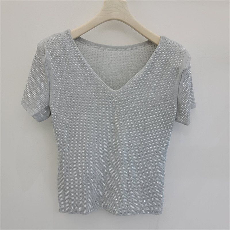 V-collar caliente taladro camiseta de manga corta para mujeres 2026 verano nuevo temperamento elegante delgado brillante chaqueta