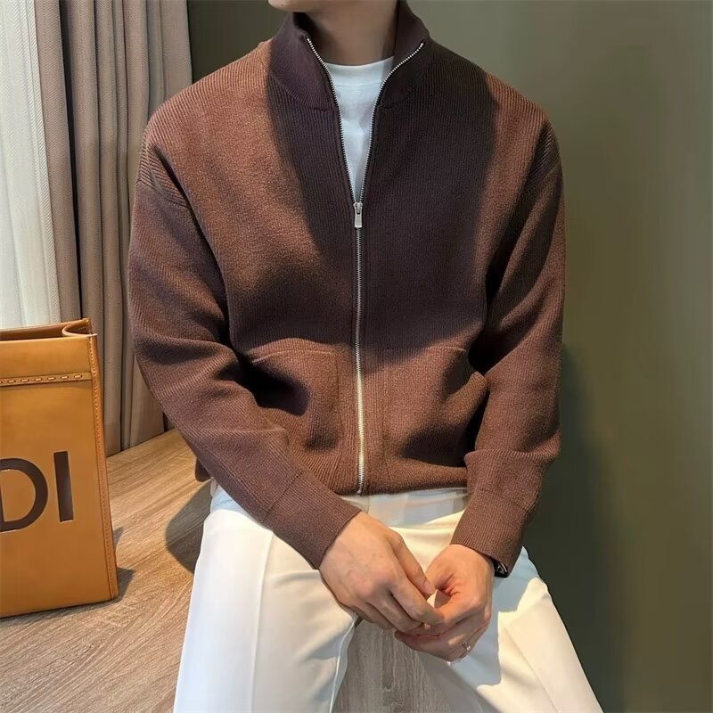 Cross-border Korean-style Cardigan Sweater Jacket Men's Handsome Winter Trendy Solid Color Knitted Shirt Lazy Collar Zipper Top
