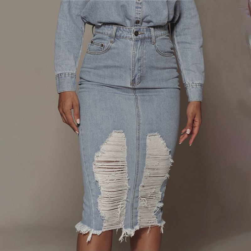 Frauen Kleidung mittellangen Rock blau Denim Retro einen Schritt Rock Mode lässig Frauen Rock Sommer_voghion.com