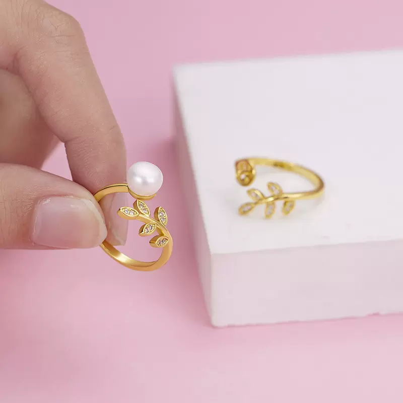 天然珍珠叶子微镶戒指女 小众设计个性冷淡风ins潮可调节指环批发