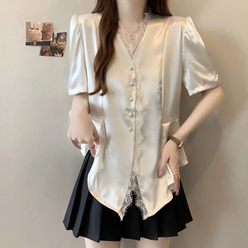 High-End Acetate Satin Lace V-Neck Short-Sleeve Shirt for Women, 2026 Spring/Summer, Plus-Size, Waist-Cinching, Slimming Top High-End Acetate Satin Lace V-Neck Short-Sleeve Shirt for Women, 2026 Spring/Summer, Plus-Size, Waist-Cinching, Slimming Top