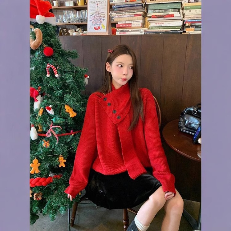 新年过年战袍红色毛衣女秋冬季韩系慵懒高级感长袖内搭针织衫上衣|undefined