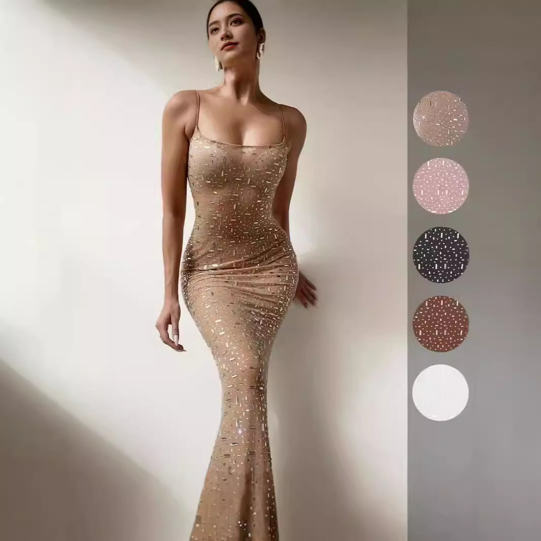 Europe and the United States cross-border new sexy suspenders dress evening dress feeling high-end banquet rhinestone sequin fishtail dress women