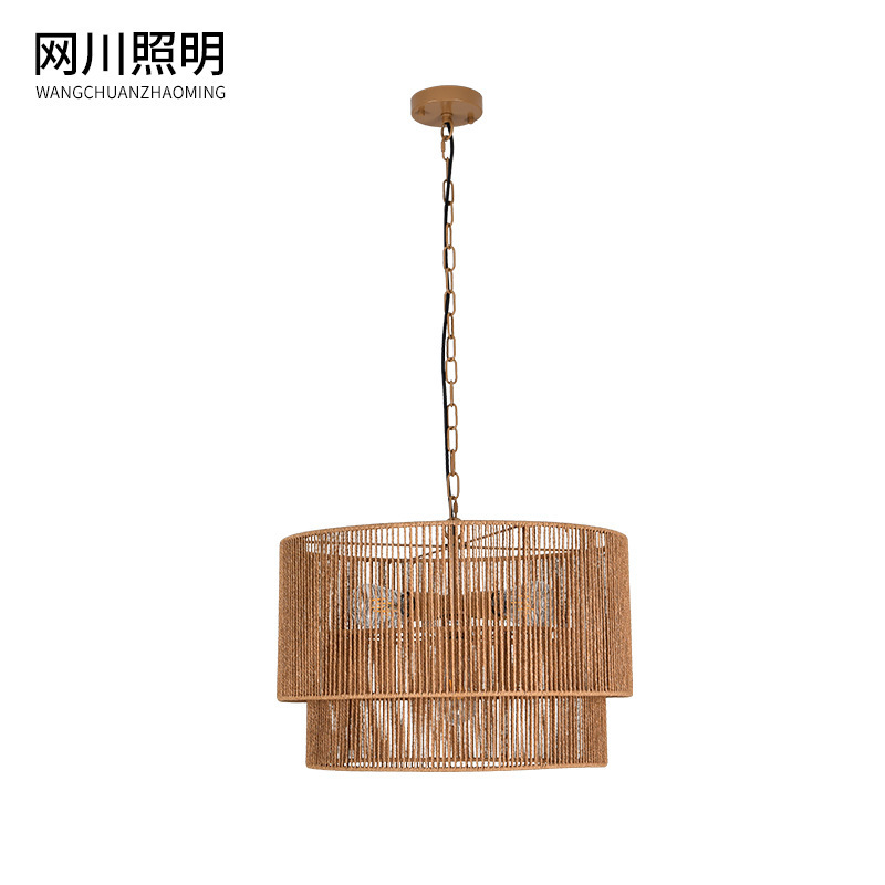 Cross-border wayfair Amazon woven lamp creative iron double-layer hot pot restaurant chandelier bedroom living room chandelier
