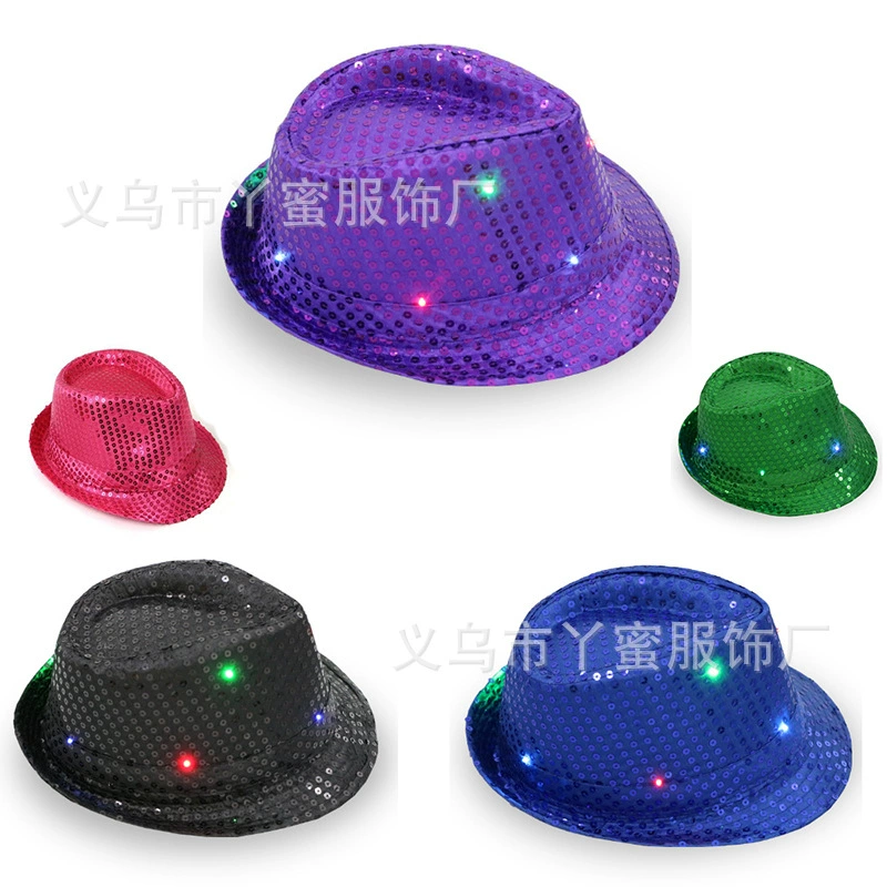 Джазовая шляпа, шляпа для взрослых, шляпа с блестками, персонализированная шляпа с блестками со светодиодной подсветкой для взрослых и детей, шляпа для шоу фокусов