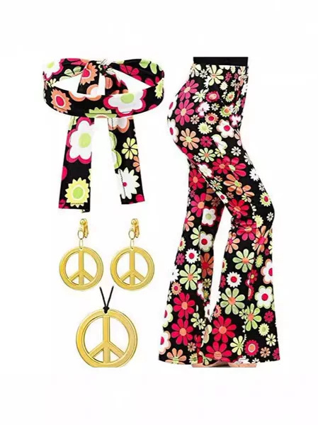 Amazon Halloween Printed Flared Pants Hippie Retro Printed Headband Bohemian Trousers (Accessories Not Included)
