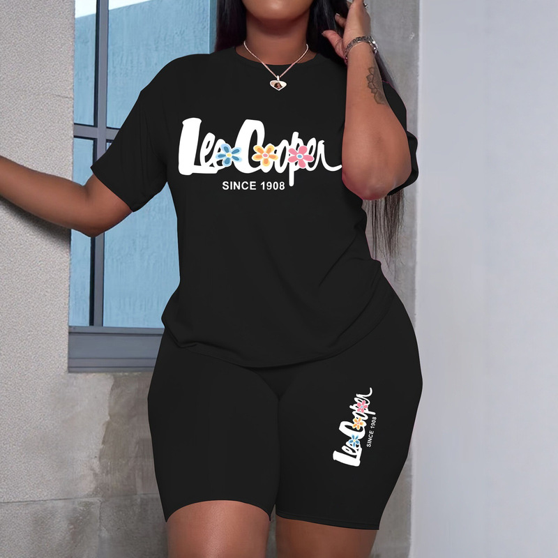 2026 European and American Lee Denim 1908 Printed Women's T-Shirt and Shorts Set, Round Neck, Casual Sports, Plus Size, Cross-Border, in Stock 2026 European and American Lee Denim 1908 Printed Women's T-Shirt and Shorts Set, Round Neck, Casual Sports, Plus Size, Cross-Border, in Stock