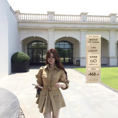 陈佳楠小个子中长款风衣女咖色气质英伦风灯笼袖收腰工装上衣外套