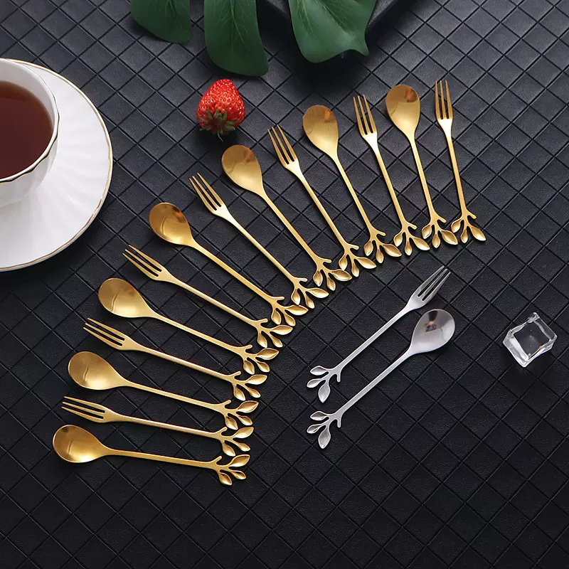 批发不锈钢树叶勺小勺子创意勺子树叶叉金色勺子甜品咖啡搅拌勺