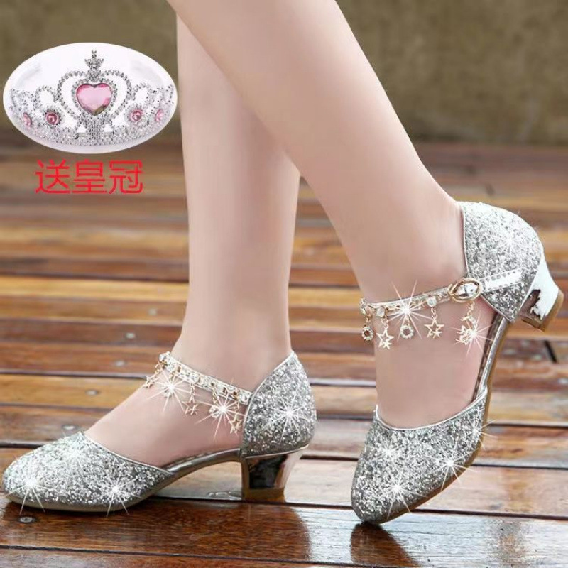 Zapatos de cuero de tacones para niñas vestidos de cristal desfile de piano rendimiento de princesa zapatos infantiles primavera y otoño
