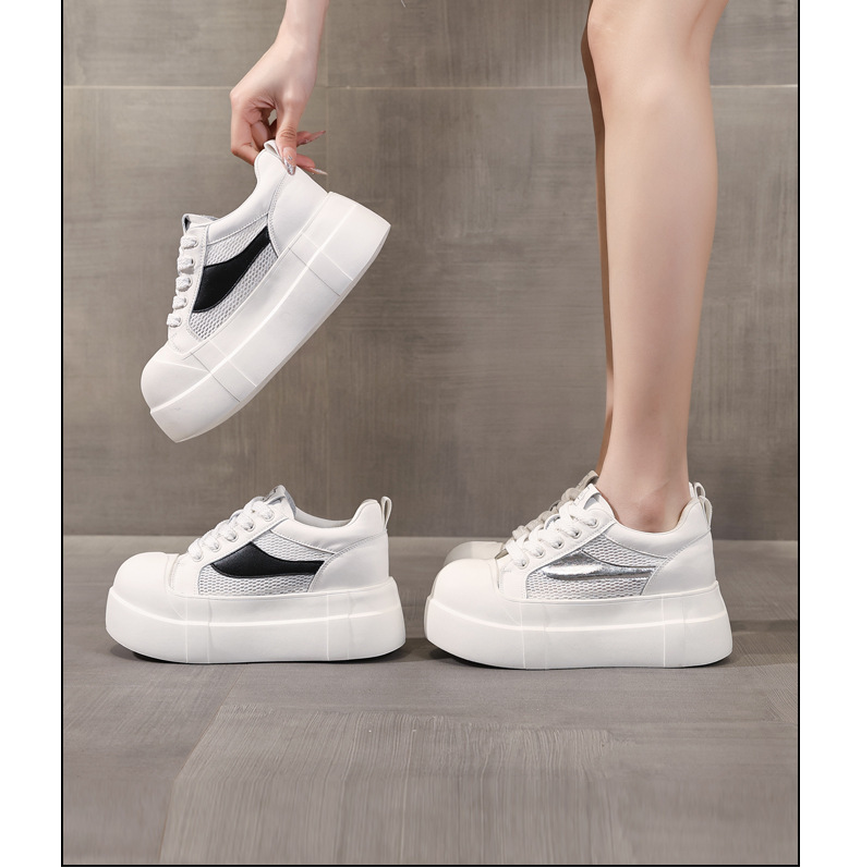 Giày sneaker nữ đế dày tăng chiều cao phong cách thể thao trắng basic — Bạc trắng chi tiết 17