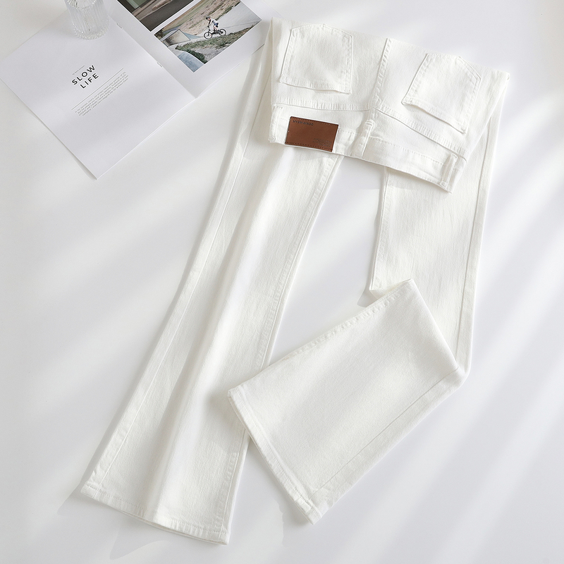 La Chapelle White Flared Jeans for Women 2026 Spring and Autumn New Style Spicy Girl Elastic High-Waisted Bell-Bottom Pants for Petite Figures