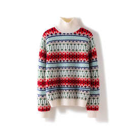秋冬新款100%A类纯山羊绒高领几何图案套头羊绒衫大牌同款毛衣女