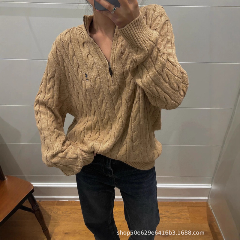 In-Stock 25 Autumn and Winter New Rl Pony Logo Retro Half-Zip Cable Knit Sweater for Women and Men, Loose and Lazy Style Knit Top
