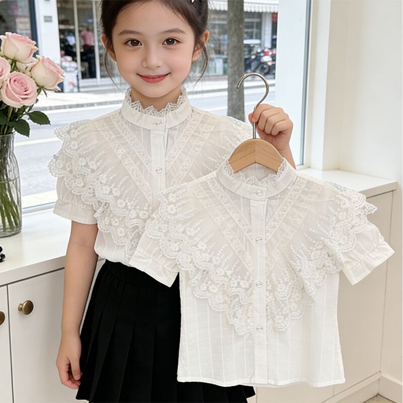 2026 Summer New Style Girls' French Lace Shirt Children's Lace Stand Collar Versatile Top Little Princess Lace Shirt