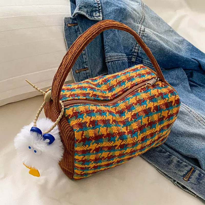 包包女上班小拎包可爱毛茸茸河豚包千鸟格纹手提包手拎外出化妆包