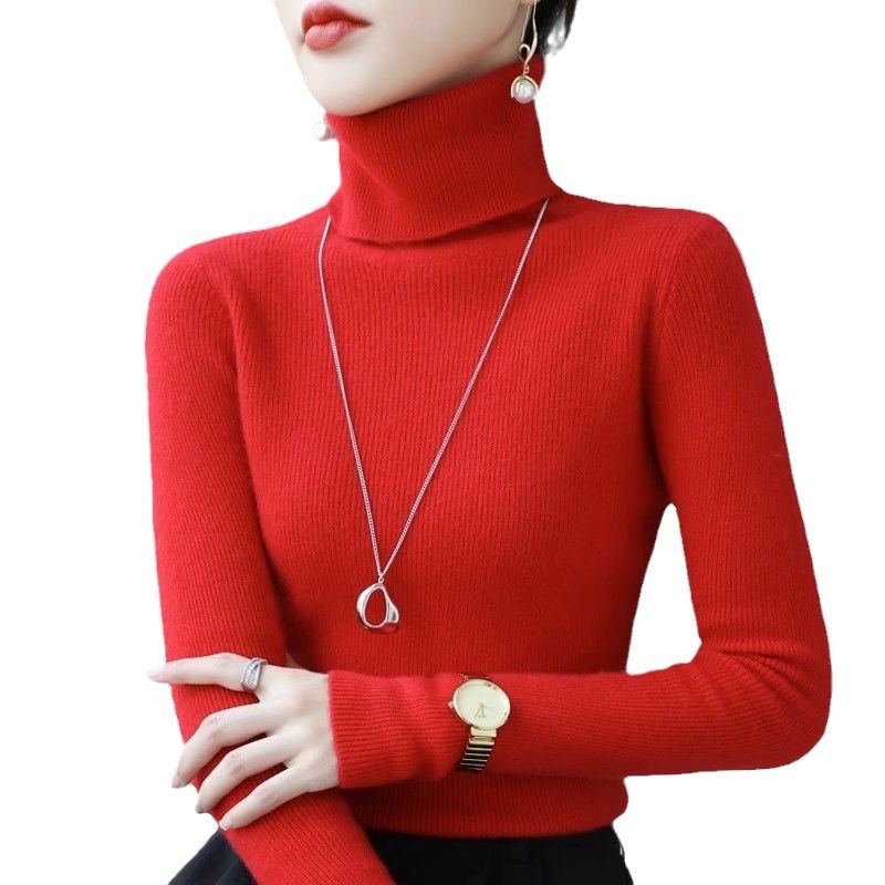 Autumn and Winter New Stylike Turtleneck Sweater Women's Pullover Short Long-Sleeved Slim-Fit Tight Pile Knitted Base Shirt