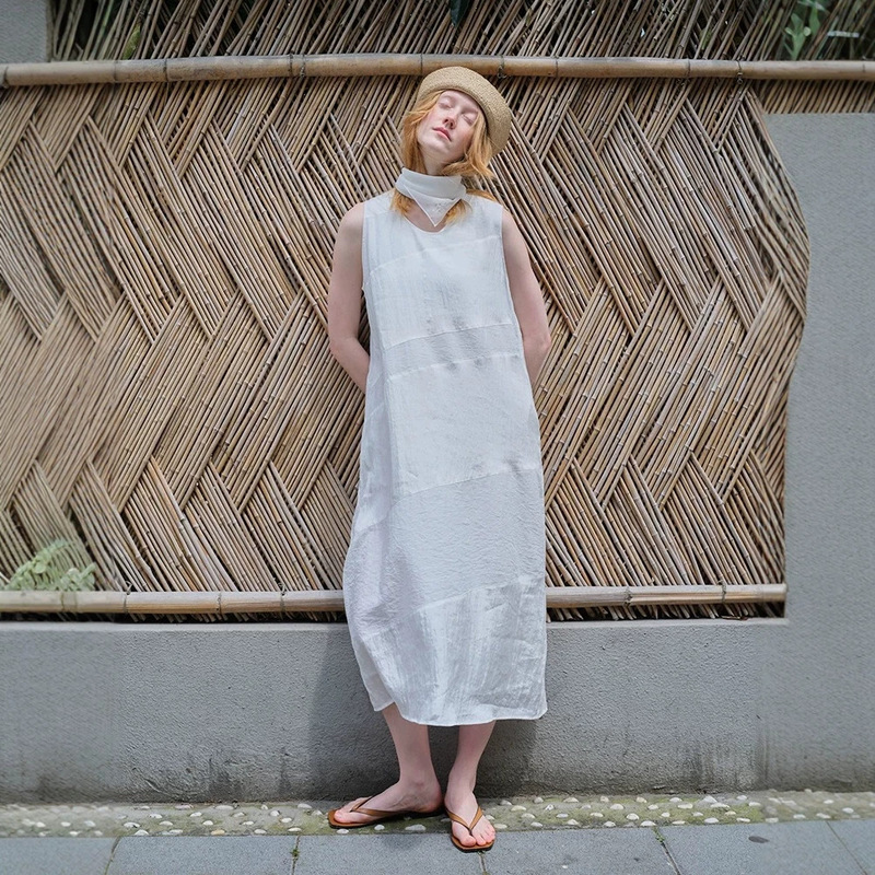 Itoshiroshi French-Style Airy U-Neck Layered Diagonal Patchwork Silhouette Vest Dress Direct from the Manufacturer
