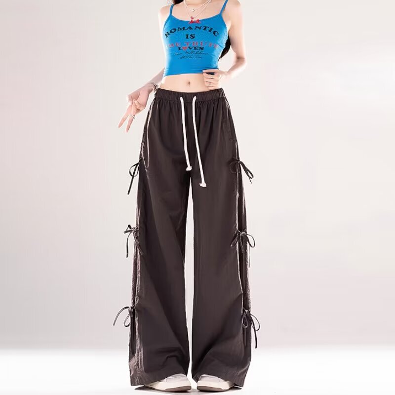 American-Style High Street Drawstring Cargo Pants for Teenagers, Sports Windbreaker Pants, Girls' Straight-Leg Pants, Summer Casual Wide-Leg Long Pants American-Style High Street Drawstring Cargo Pants for Teenagers, Sports Windbreaker Pants, Girls' Straight-Leg Pants, Summer Casual Wide-Leg Long Pants