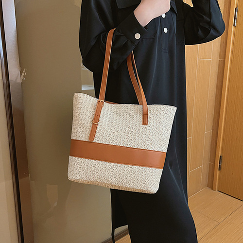 2024 Summer New Casual Woven Shoulder Grass Weave Bag Simple Trendy Handheld Tote Bag for Women Large Capacity Bag