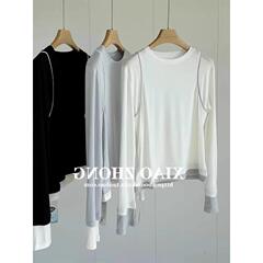 QFD-薄い春の丸首のつなぎ合わせは色のtシャツの女性の偽の2枚の中で底のシャツのカジュアルな長袖の上着の潮を掛けます。