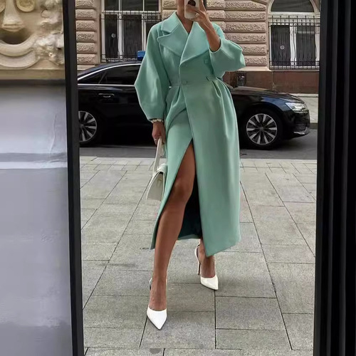 Independent station European and American autumn and winter retro palace style lantern sleeves large lapel woolen coat long coat