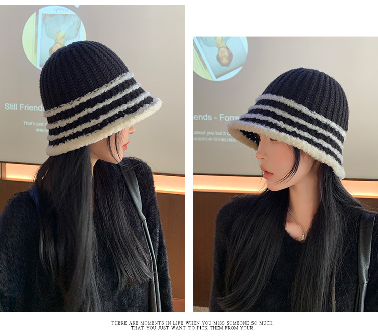 Autunno e inverno nuovo cappello coreano a righe lavorato a maglia con viso piccolo a secchiello per esterni in lana lavorata a maglia calda e alla moda_voghion.com