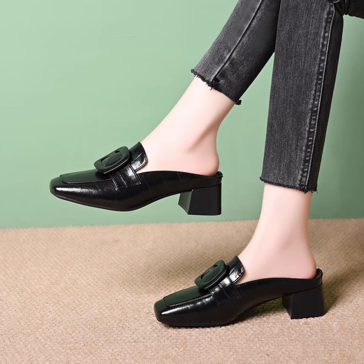 Mueller zapatos de mujer primavera nuevo cuadrado tacones gruesos zapatillas de medio temperamento retrógrado zapatos de cuero esmaltado zapatos de mujer image 3