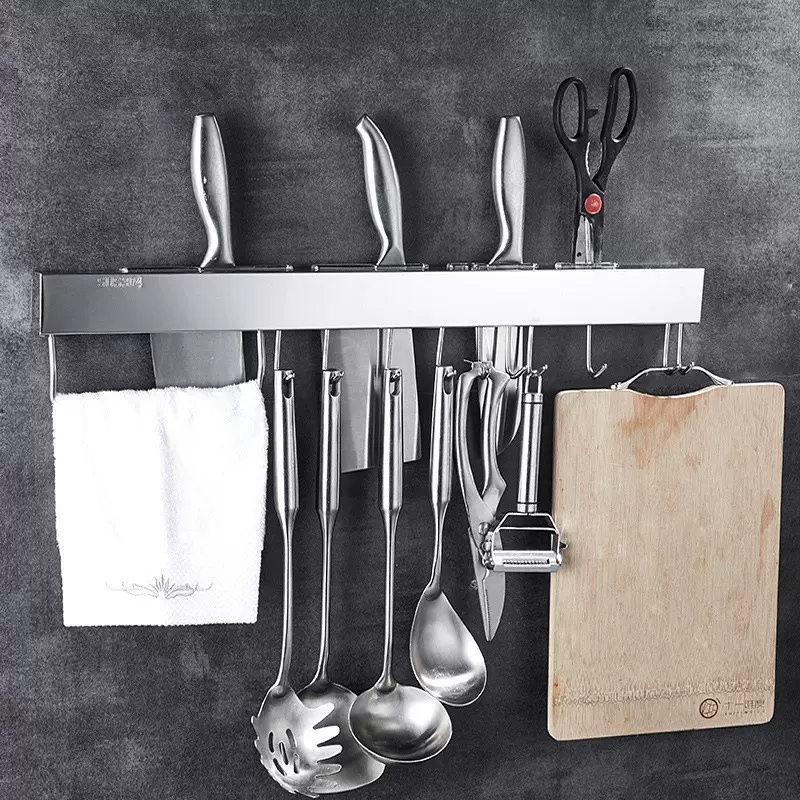 免打孔304不锈钢刀架厨房挂件可移动挂钩收纳架带毛巾杆带壁挂式