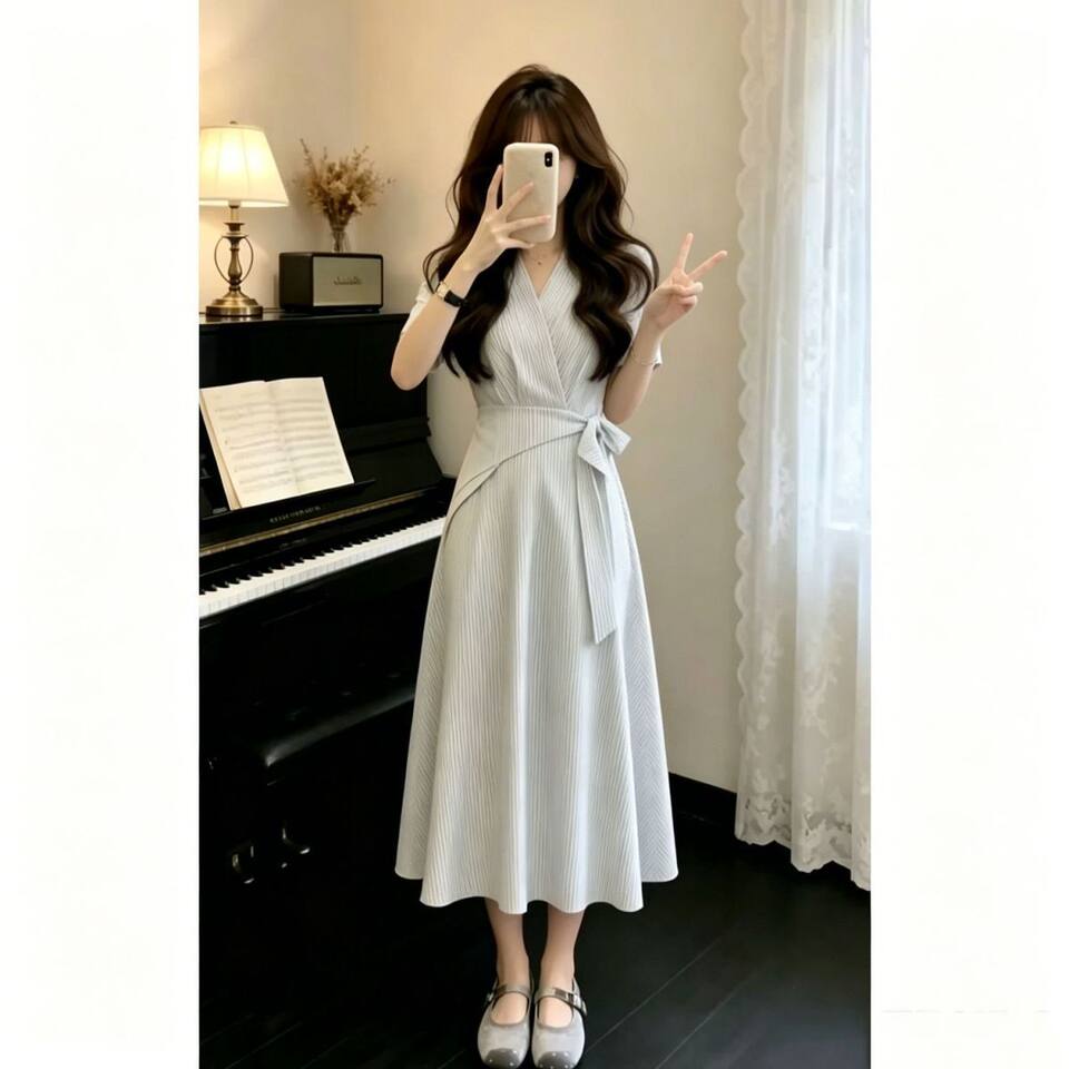 Đầm sơ mi kẻ sọc cổ chữ V tay ngắn chiết eo tôn dáng — Váy sọc (chất lượng cao) chi tiết 13