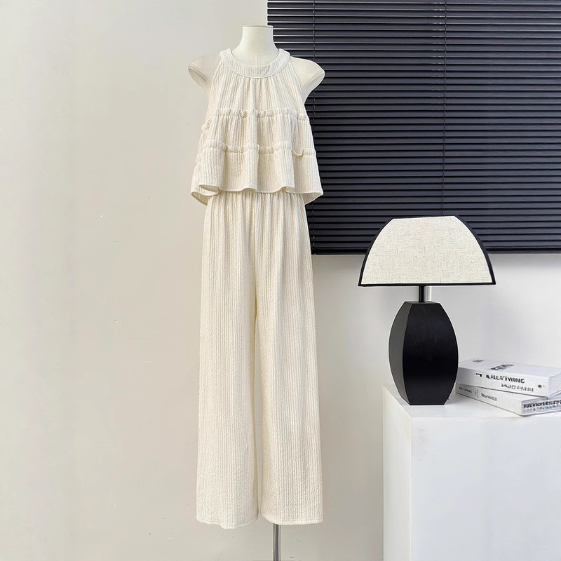 Summer New Age-reducing Chiba Casual suit Women's Lazy Style Outer Wear Sleeveless Top High Waist Wide Leg Pants Two-piece Set