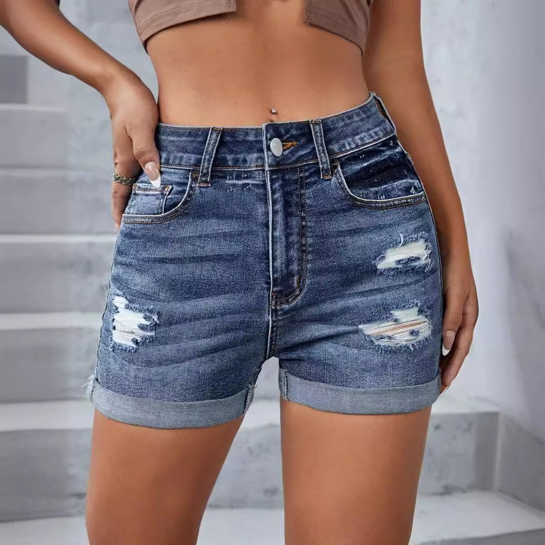 Cross-Border Exclusive Supply for Amazon Independent Sites: European and American Women's Fashion, Stretch Denim Jeans, Ripped Denim Shorts, High-Waisted, Slimming