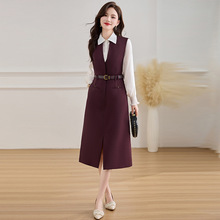 2025春季新款气质套装连衣裙OL通勤衬衫无袖连衣裙两件套配腰带