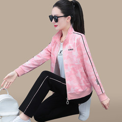 印花運動套裝女春秋季2024新款洋氣媽媽立領休閒服開衫衛衣三件套