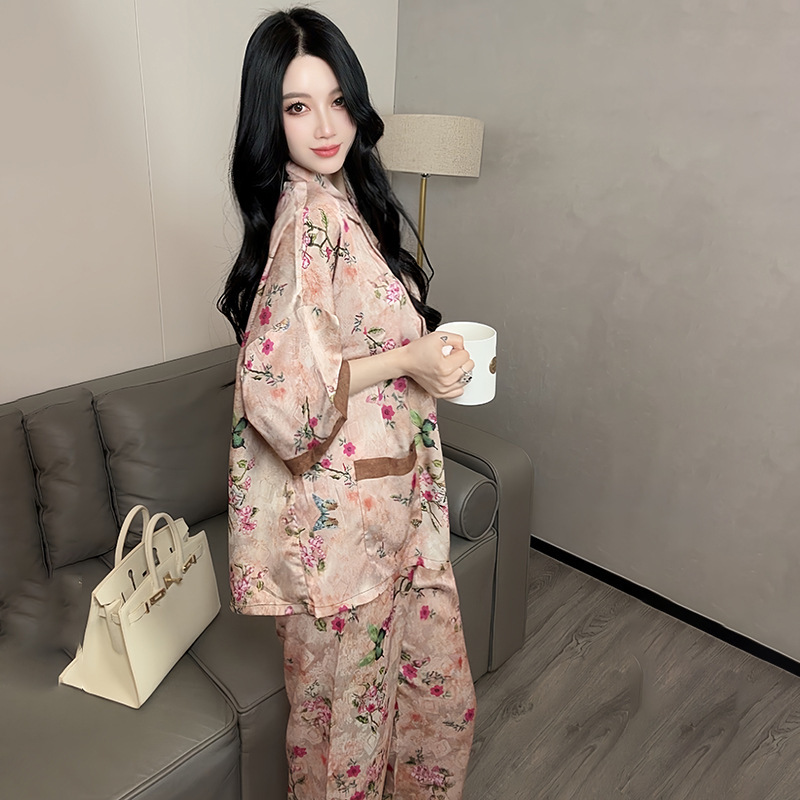 여성을 위한 봄 여름 고급 가벼운 럭셔리 실크 잠옷 3피스 세트, 모조 향기로운 구름 원사, 느슨하고 얇은 가정복, 야외에서 착용 가능