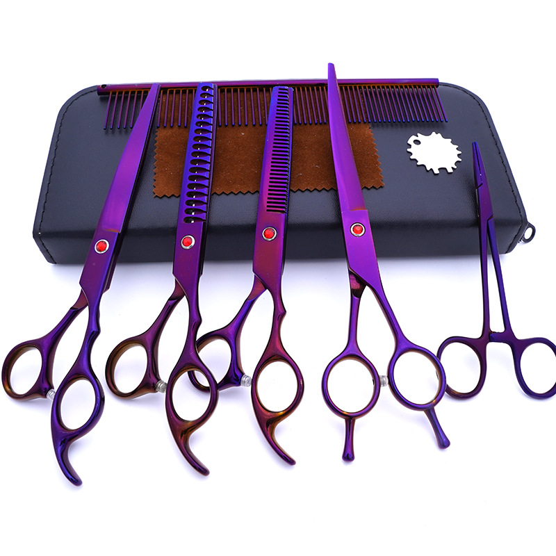 Fabricante de juegos de tijeras para mascotas, tijeras de peluquería canina al por mayor de 7 pulgadas, suministros morados para perros.